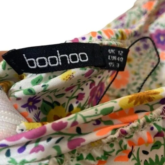 Boohoo Cream Purple Ditzy Floral Print Y2K style Halter neck Skater Mini Dress - Picture 3 of 8